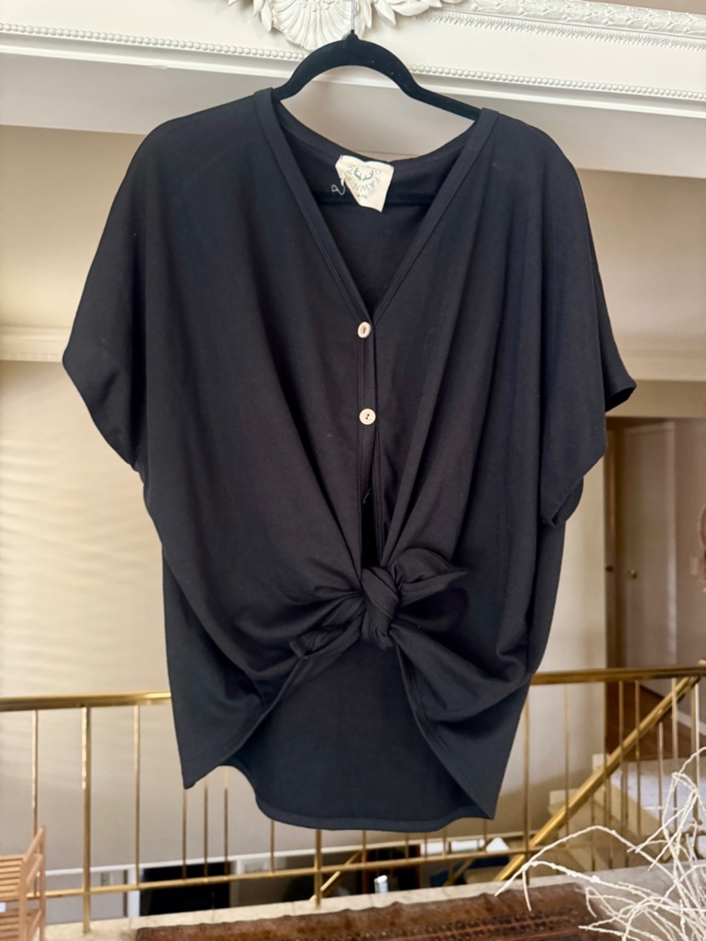 Fantastic Fawn Black Knot-Front V-Neck Blouse